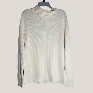 Land’s End Cream Ribbed Knit Sweater – Button Collar Pullover, Cozy Winter Class
